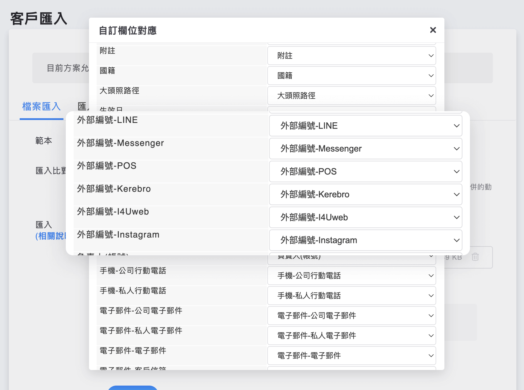 匯入時自訂欄位對應