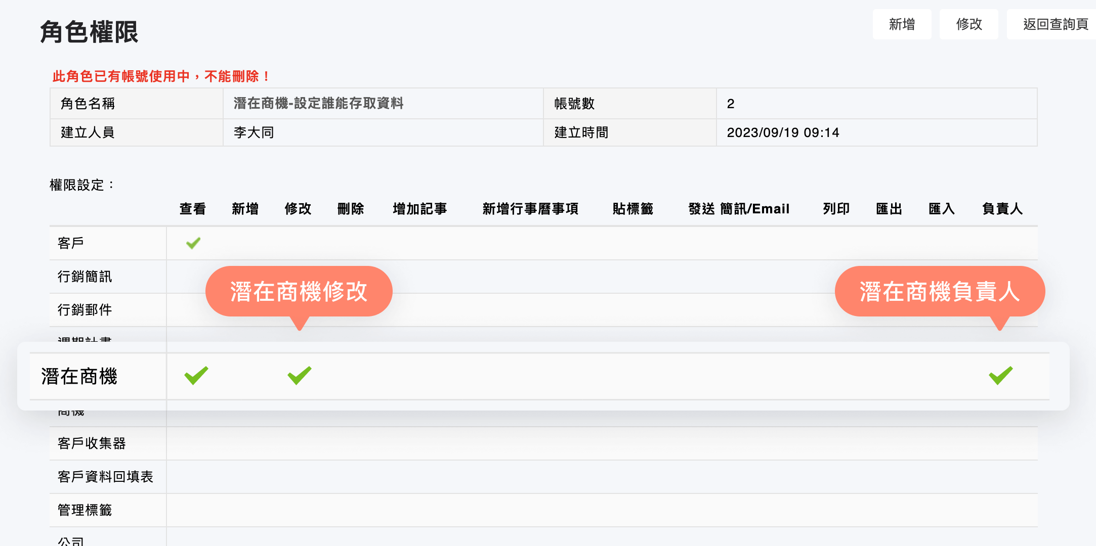 角色權限有潛在商機修改與負責人權限