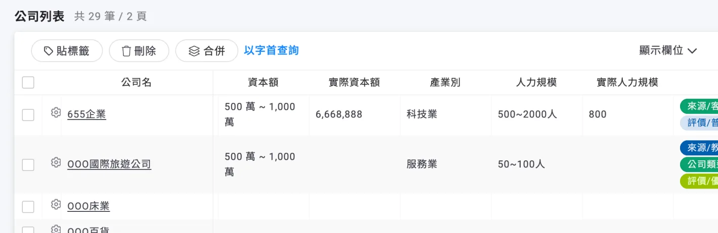 公司列表查看「實際資本額」與「實際人力規模」欄位